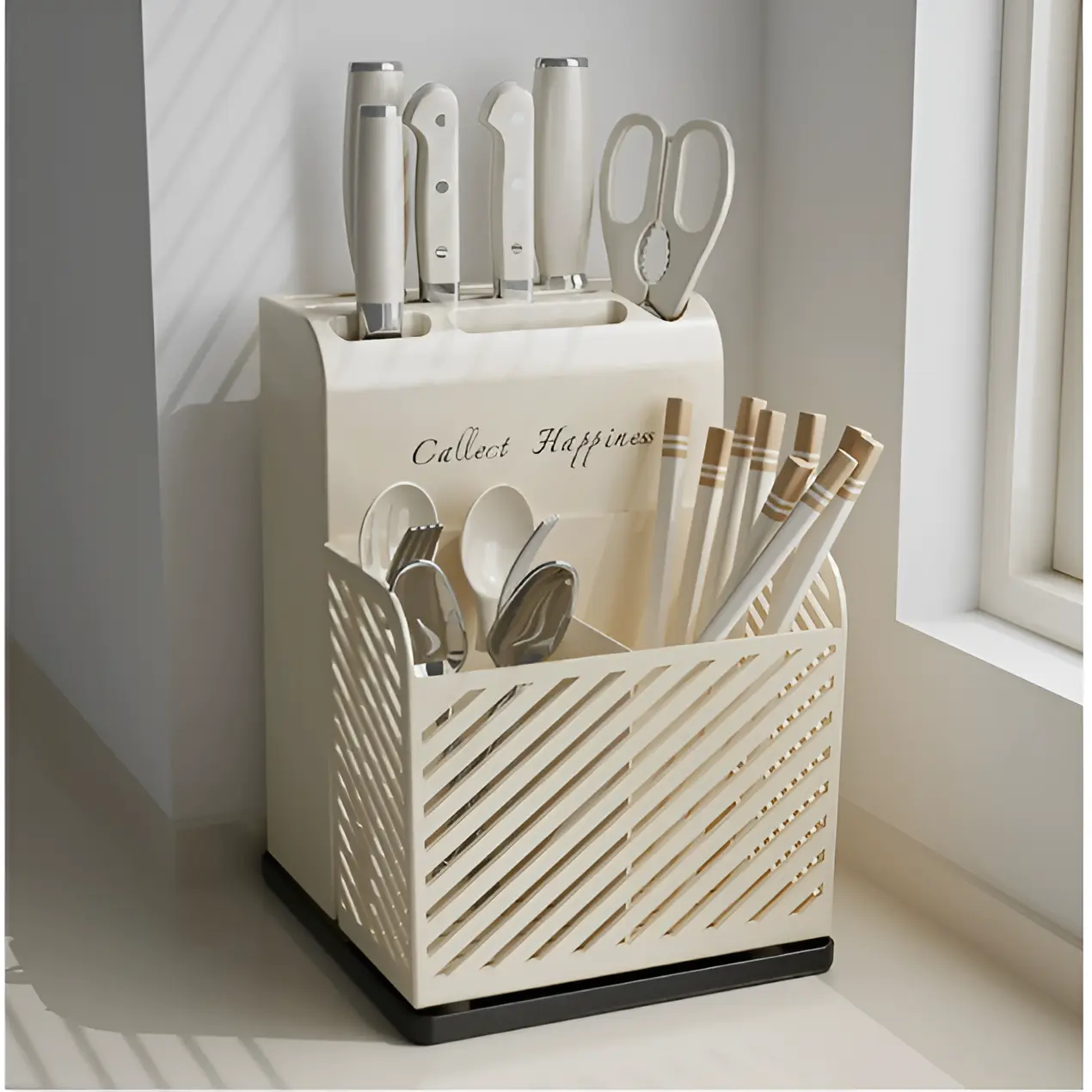 Suport pentru ustensile de bucatarie, tacamuri, compartimente diferite, tavita pentru scurgerea apei, din plastic, Crem, 21 x 16 x 15 cm [1]