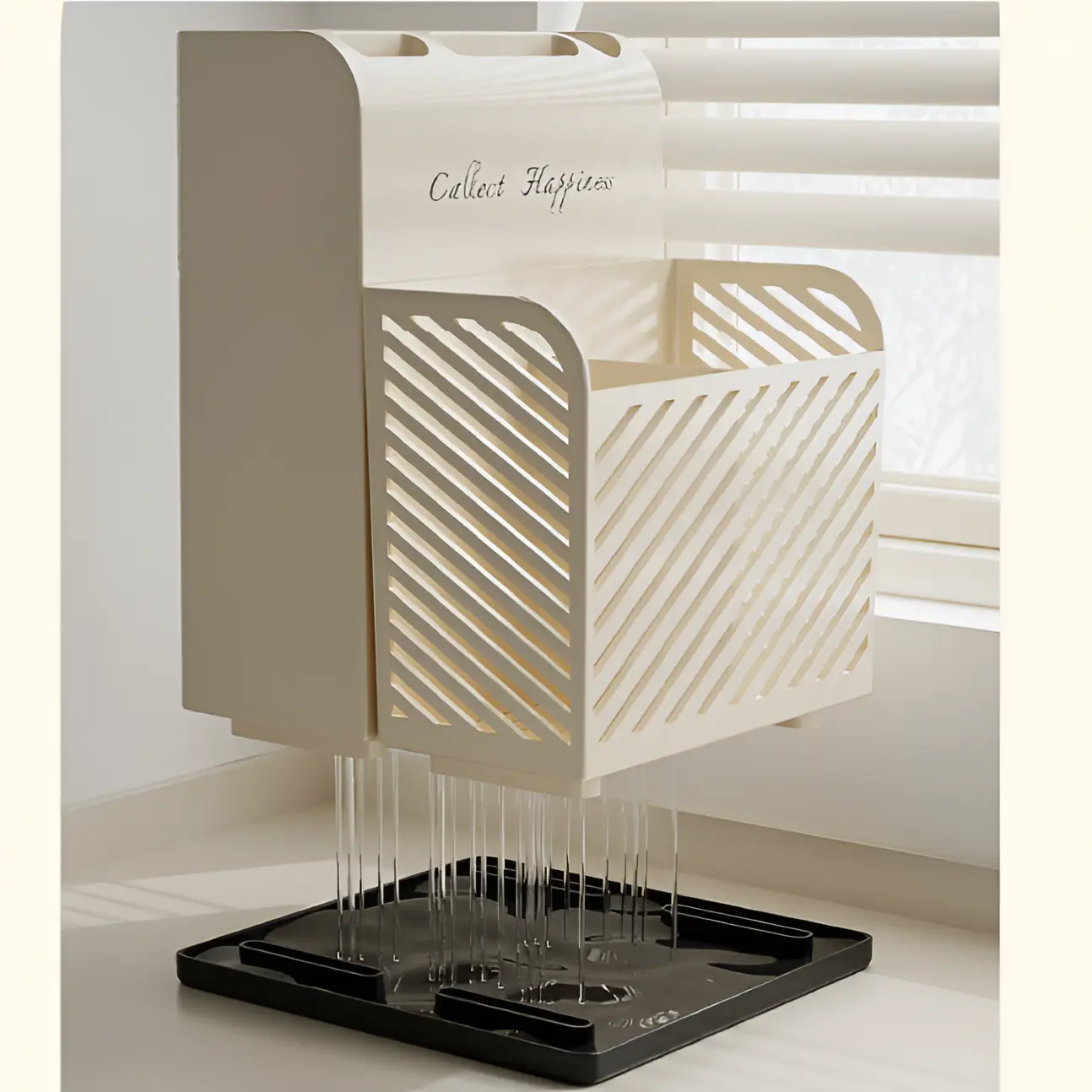 Suport pentru ustensile de bucatarie, tacamuri, compartimente diferite, tavita pentru scurgerea apei, din plastic, Crem, 21 x 16 x 15 cm [2]