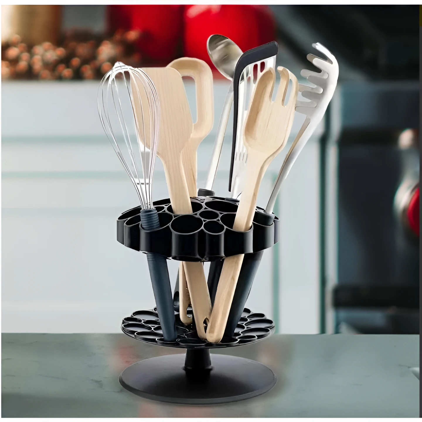 Suport pentru ustensile rotativ, vertical, compartimentat, din plastic, organizator bucatarie, Negru, 21 cm inaltime [1]