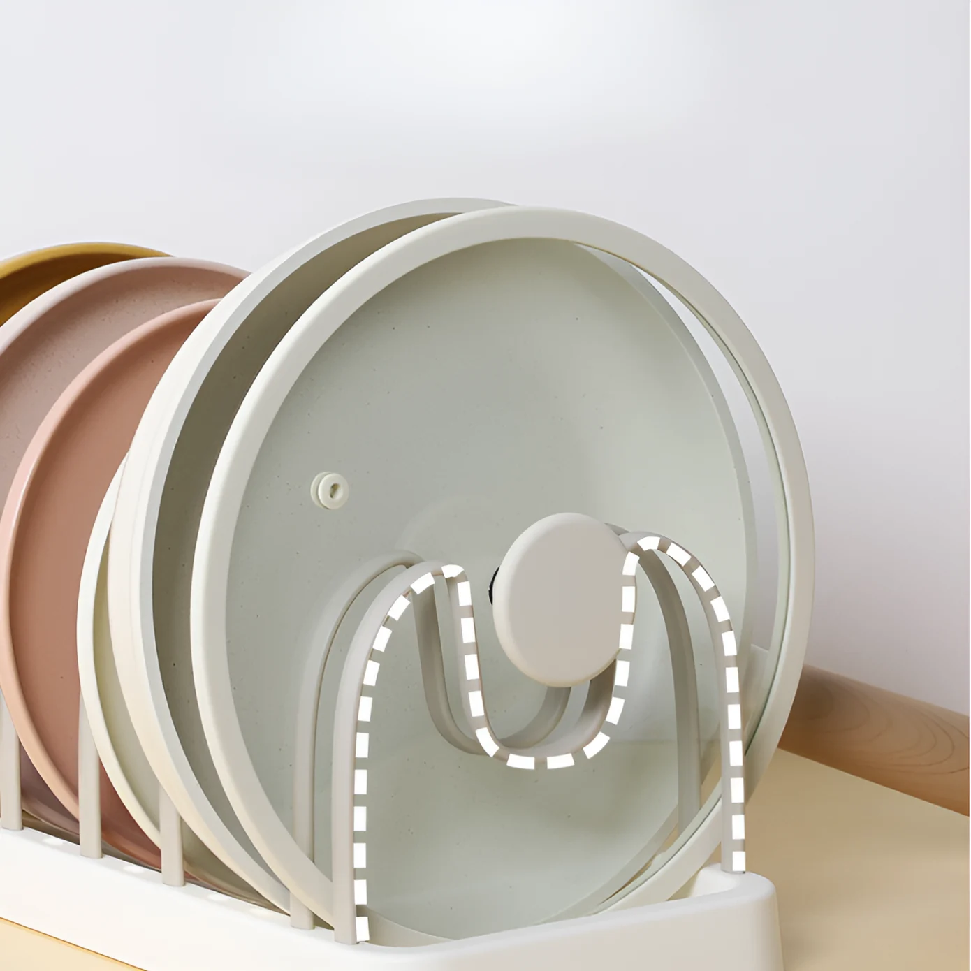 Suport pentru vase, capace, cu 7 separatoare, din plastic, Bej, 41.2 x 16.8 x 15 cm [2]