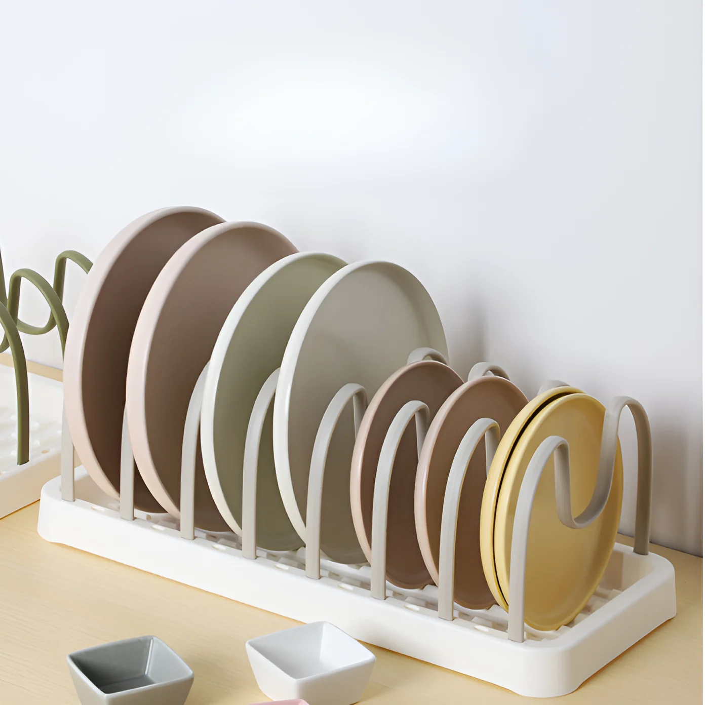 Bucatarie - Suport pentru vase, capace, cu 7 separatoare, din plastic, Bej, 41.2 x 16.8 x 15 cm