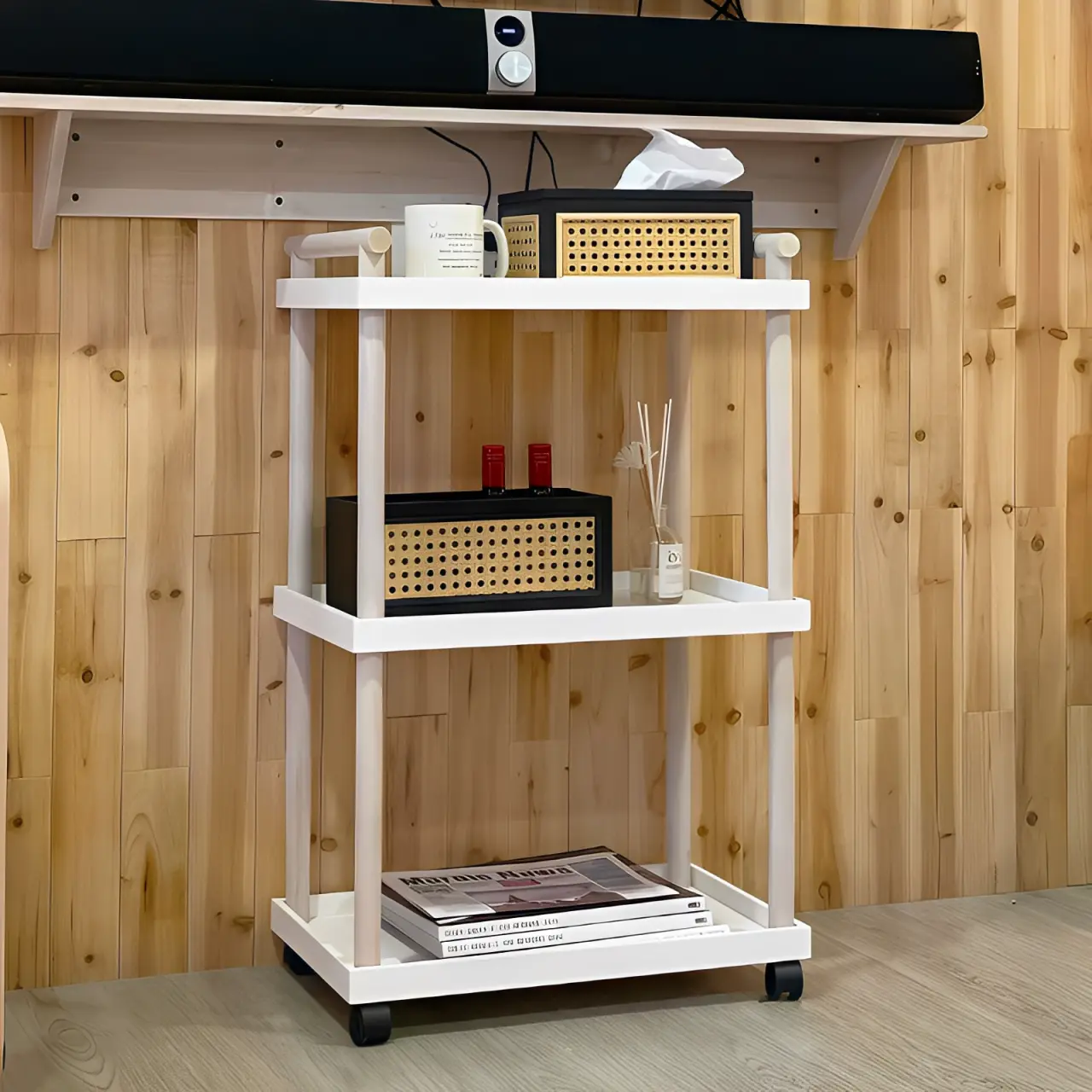 Organizare - Suport portabil cu 3 polite, manere, din lemn, Herum, Alb/Bej, 48 x 30 x 77 cm