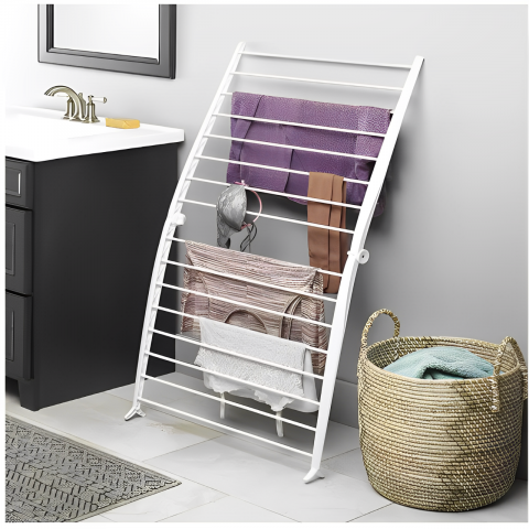 Uscător pentru haine compact, pliabil, din material plastic și metal, Alb, 68 x 135 cm