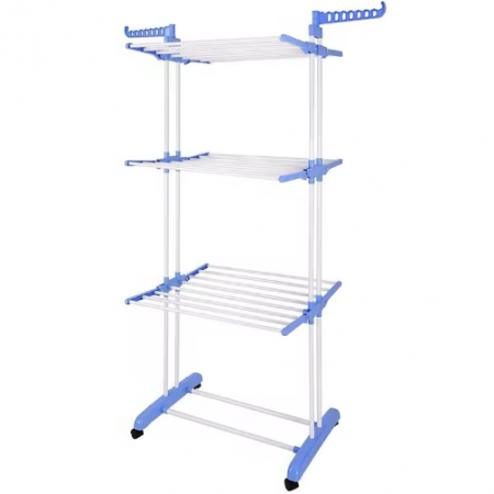 Uscator pentru rufe cu 3 niveluri, si roti, rafturi pliabile, Alb/Albastru, 75 x 76 x 170 cm