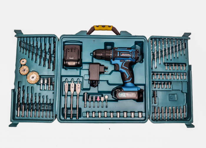 Set Masina, Aparat de gaurit, insurubat, Bormasina, Autofiletanta 18V 2 baterii + 94 accesorii (CP-1521) [2]