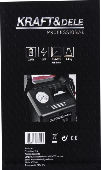 Starter auto 4 in 1 cu compresor si lanterna LED, 1200A, acumulator 22Ah, 12V (KD5346) [9]