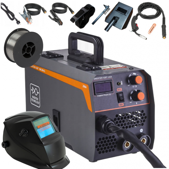 Aparat invertor de sudura MIG 200A sarma fara gaz electrozi + masca automat + fir sudura (KD1788+M+F) [1]