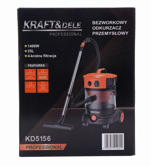 Aspirator industrial umed uscat 1400W rezervor 25L cu priza pentru unelte (KD5156) [2]