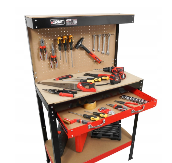 Banc de lucru metalic cu dulap extensibil, panou perforat si 10 carlige pentru scule (V83271) [4]