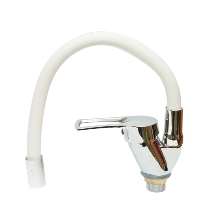 Baterie chiuveta bucatarie cu pipa flexibila, finisaj crom cu alb, stativ cu monocomanda, material aliaj zinc, accesorii incluse (DISPM67) [4]
