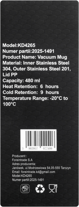 Cana termos din inox 480ml, izolatie in vid, neagra (KD4265) [9]