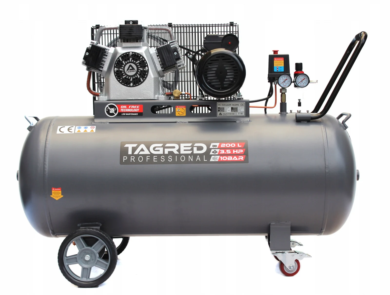 Compresor aer 200l 10bar fara ulei + furtun pneumatic aer 5x12mm 20m + pistol pneumatic tencuiala glet vopsea vas 5l 4-6-8mm (TA3395+KD673+V81281) [4]