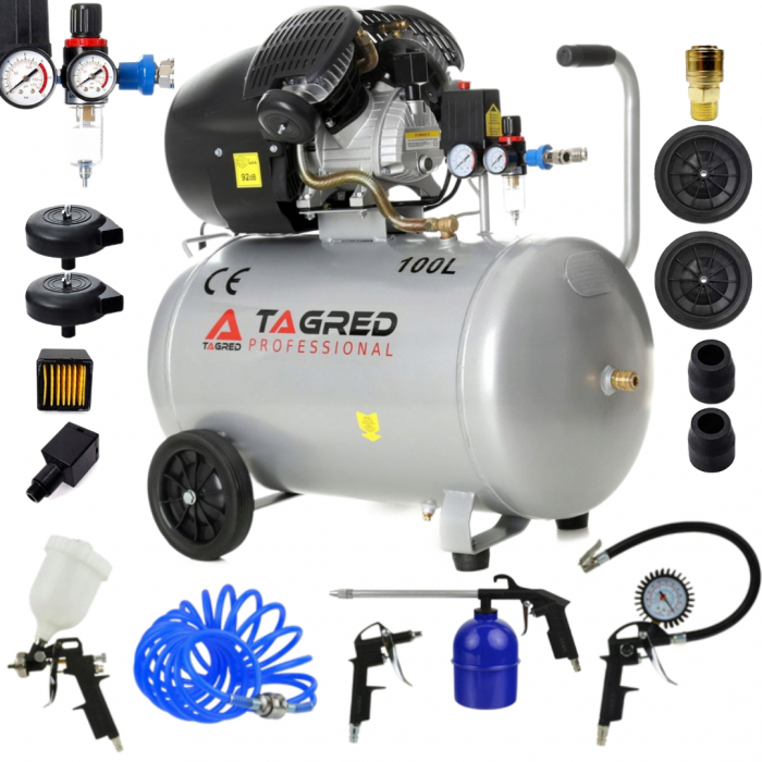 Compresor aer comprimat 100L 530L/min 2 pistoane 8bar + dezumidificator + kit scule pneumatice (TA361+) [1]