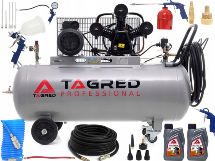 Compresor aer comprimat 200L 230V 5.6CP 650L min 3 cilindri + ulei + cupla rapida kit scule pneumatice+furtun 10m 20bar 10x17 (TA326B+KD2100+TA0002+2X6093+KD1465) [1]