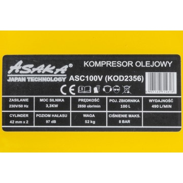Compresor aer de ulei 100L  3,3 kW debit  490 l/min 2 pistoane 8 bar 2850 rpm ( ASC-100V) [17]