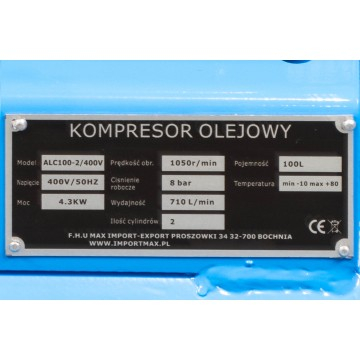Compresor aer de ulei 100L 400V 3,8kW debit 660 l/min 2 pistoane 8 bar 2850 rpm (ALC-100-2/400V) [12]