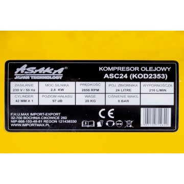 Compresor aer de ulei 24L cu motor 2,8kW debit 210 l/min 1 piston presiune 8 bar + ulei (ASC-24) [12]