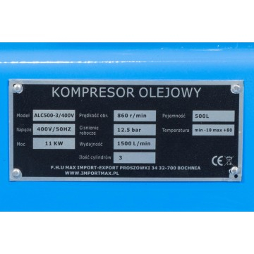 Compresor aer de ulei  500L cu motor 11 kW debit 1500 l/min presiune 12,5 bar alimentare  400V 2850 rpm (ALC-500-3) [11]