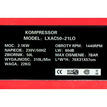 Compresor aer fara ulei silentios 50L motor 2,5 CP 310 l/min 7 bar 1440 rpm (LXAC50-21LO) [13]
