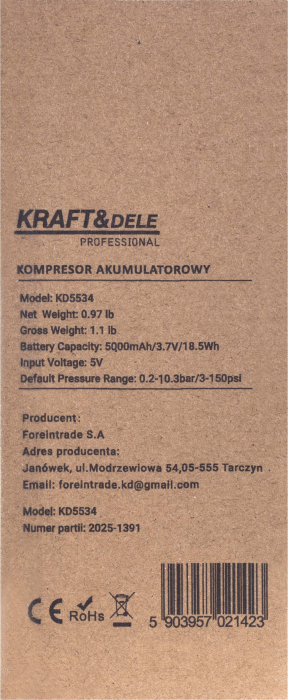 Compresor auto portabil cu acumulator 0.2–10.3 bar 5000mAh cu display LED si oprire automata (KD5534) [13]