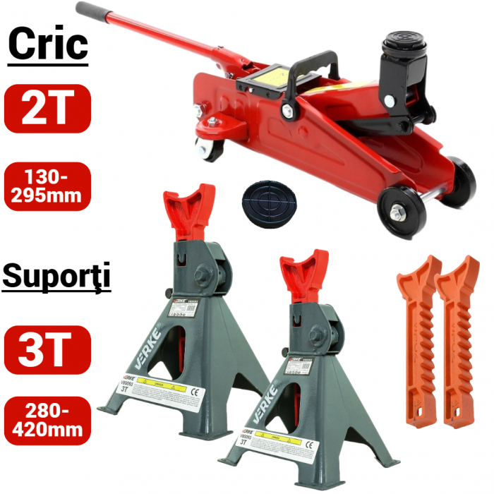 Cric hidraulic 2T 130-295mm + set 2 suporti auto 3T 280-420mm (2T+3T-2) [2]
