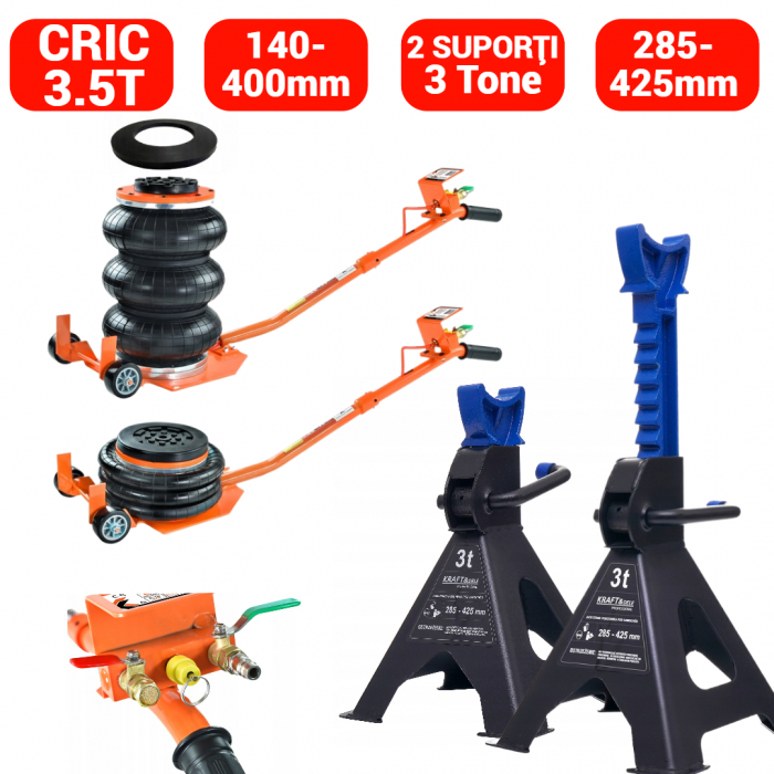 Cric pneumatic 3.5 Tone profesional cu pernă de aer pentru vulcanizare 14-40cm + Set 2 suporti sustinere tip capra 3 Tone auto (3.5TAIR+KD3171) [1]