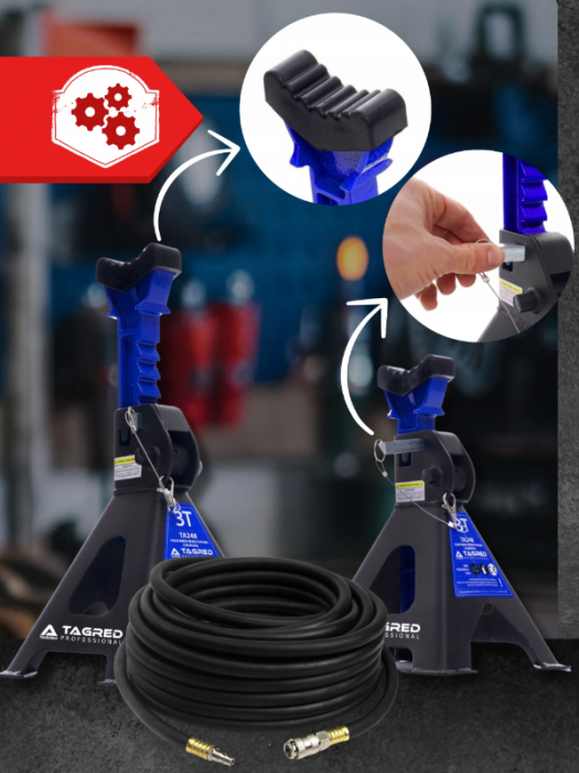 Cric pneumatic 3.5 Tone profesional cu perna de aer + set 2 suporti sustinere tip capre 3 T + furtun aer 10m 20 bari 10x17mm (VRF08350+KD3096+KD1465) [2]