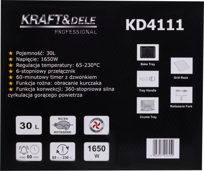 Cuptor electric cu functie de rotisor si accesorii 30L 1650W 65-230 °C (KD4111) [10]