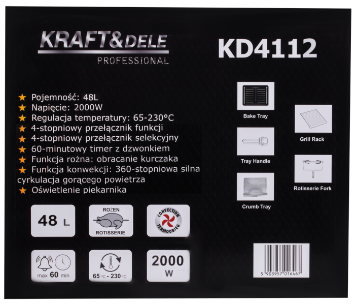 Cuptor electric cu functie de rotisor si accesorii 48L 2000W 65-230 °C (KD4112) [11]