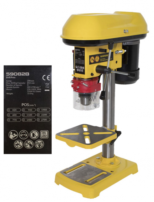 Aparat, masina de gaurit, bormasina fixa 550W 16mm 9 viteze de banc coloana verticala (PC8594) [5]