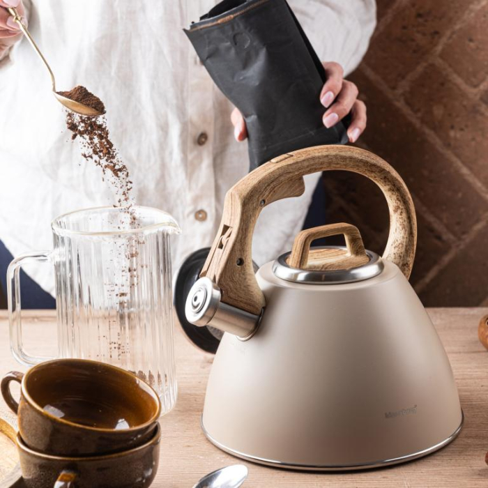 Fierbator apa 2.5L din inox bej cu maner imitatie lemn si fluier (KB-7954) [6]
