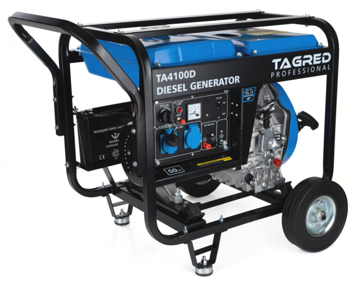 Generator curent 4.1kw 4100W + pornire electrica la cheie + roti + maner 2x230V 12V motor pe benzina 10CP (TA4100D) [3]