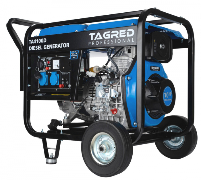 Generator curent 4.1kw 4100W + pornire electrica la cheie + roti + maner 2x230V 12V motor pe benzina 10CP (TA4100D) [4]