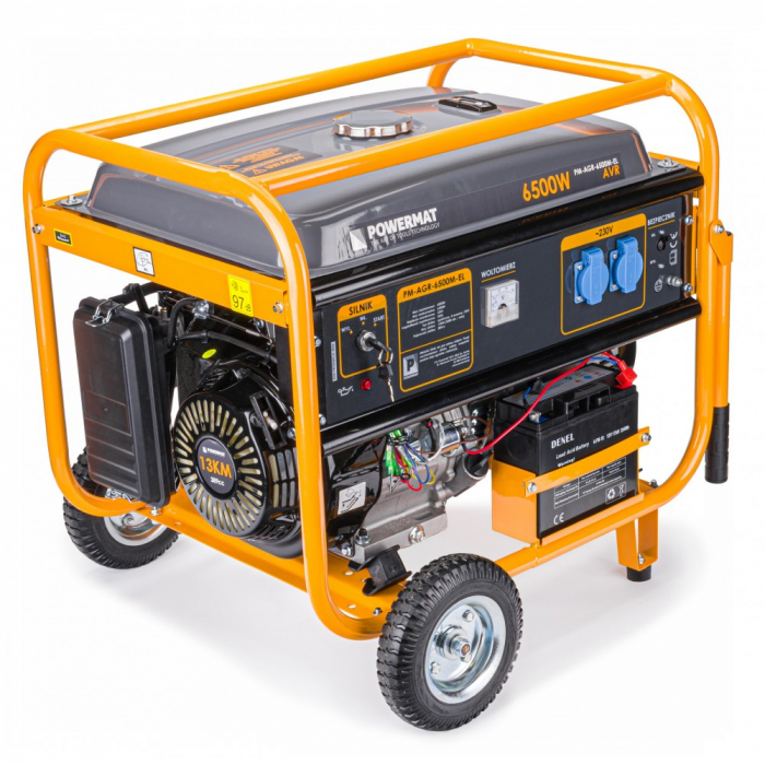 Generator curent 6.5kW 6500W 230V 12V + pornire electrica la cheie + manere si roti motor benzina 13CP (PM1141) [1]