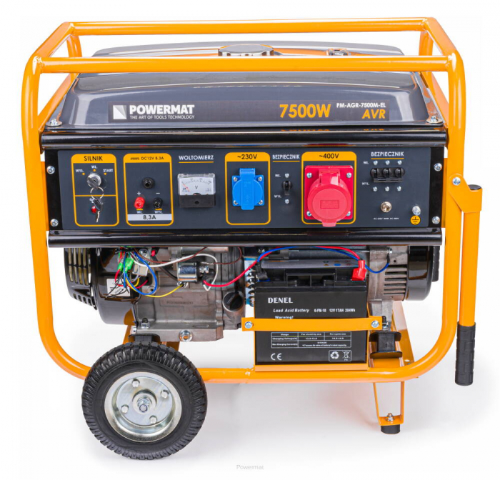 Generator curent 7.5kW 7500W 230V 380V 12V + pornire electrica la cheie + manere si roti motor benzina 15CP (PM1142) [7]