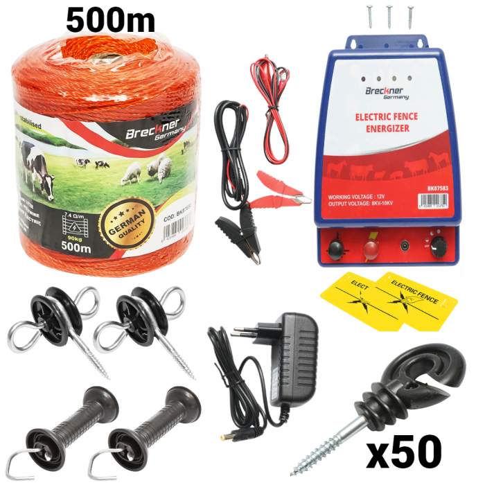 Kit pachet complet gard electric 12 / 220V 3.5 Joule fir 500m 50 izolatori (BK87115) [20]