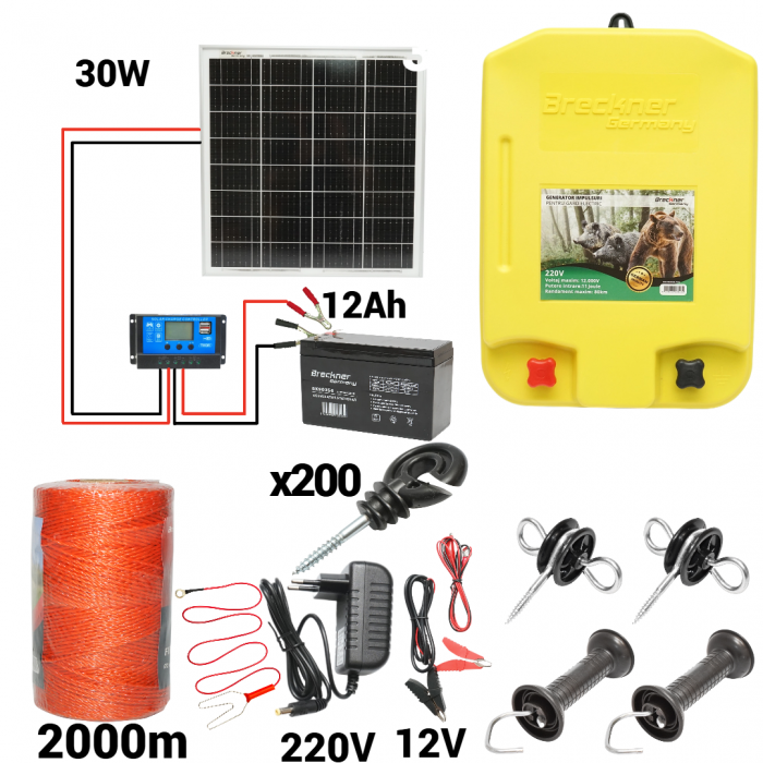 Kit pachet gard electric 11 Joule 12 220V panou baterie 12ah fir 2000m (DISPK76-2000-30w-12ah) [1]