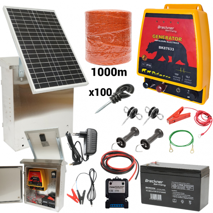 Kit pachet gard electric 12 Joule 12 220V 1000m cu kit fotovoltaic panou solar 30W baterie 12V 12Ah cutie din inox (BK87633-1000(-30W-12Ah)) [1]
