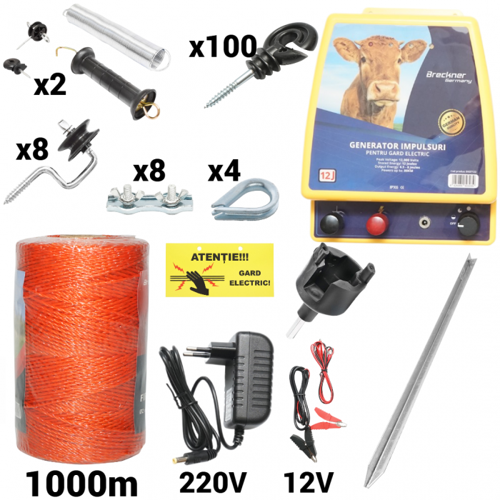 Kit pachet gard electric 12 Joule 12 220V fir 1000m 100 izolatori + accesorii (BK87122-1000-04-01) [1]