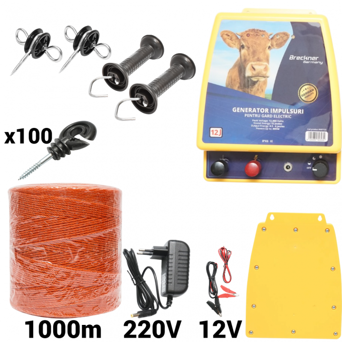 Kit pachet gard electric 12 Joule 12 220V fir 1000m 100 izolatori (BK87122-1000-01) [1]