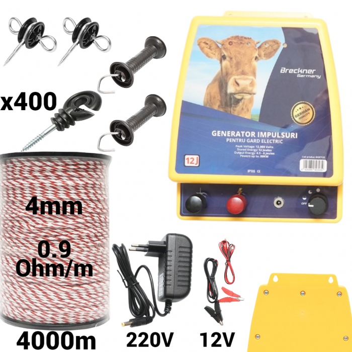 Kit pachet gard electric 12 Joule 12 220V fir 4000m 400 izolatori (BK87122-4000-4mm-01) [1]