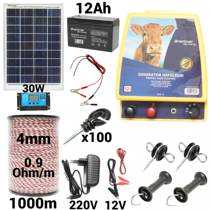 Kit pachet gard electric 12 Joule 12 220V panou 30w baterie 12ah 1000m (BK87122-1000-4mm-30W-12ah) [1]