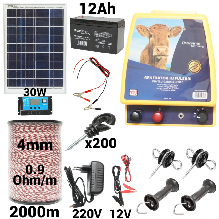 Kit pachet gard electric 12 Joule 12 220V panou 30w baterie 12ah 2000m (BK87122-2000-4mm-30W-12ah) [1]