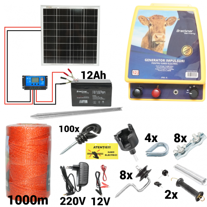 Kit pachet gard electric 12 Joule 12 220V panou baterie 12ah fir 1000m + accesorii (BK87122-1000-04-30w-12ah) [1]
