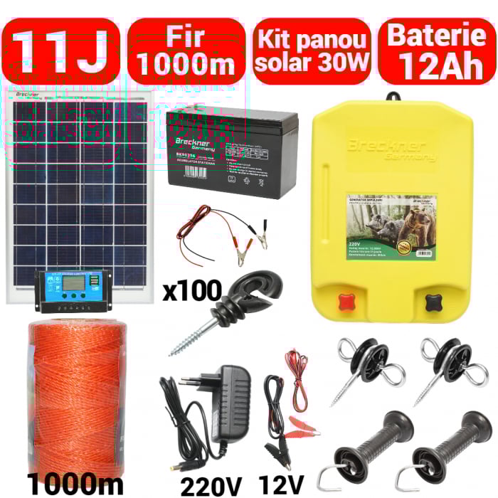 Kit pachet gard electric 12 Joule 12 220V panou baterie 12ah fir 1000m (DISPK76-1000-30W-12Ah) [1]