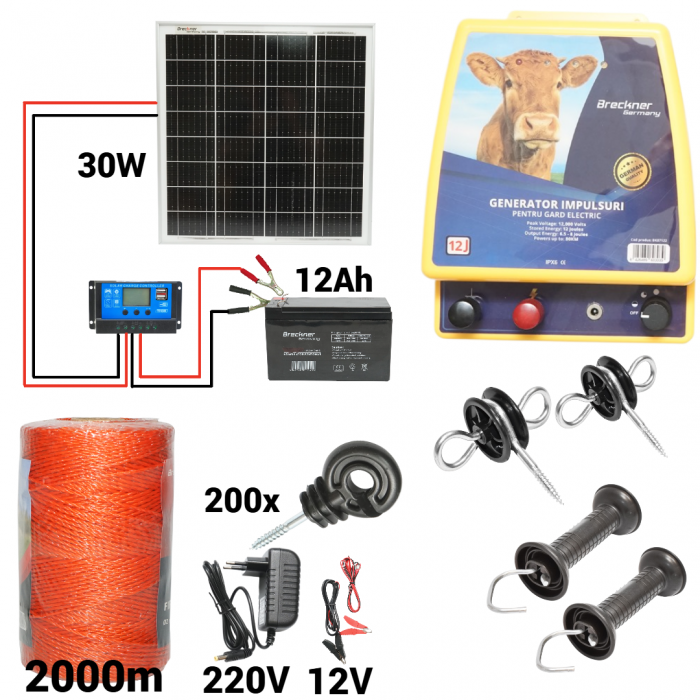 Kit pachet gard electric 12 Joule 12 220V panou baterie 12ah fir 2000m (BK87122-2000-30w-12ah) [1]
