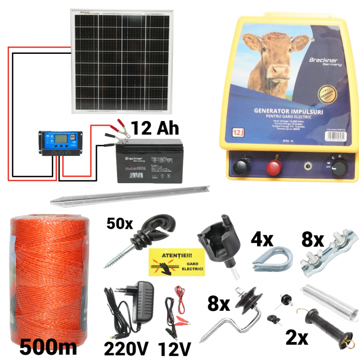 Kit pachet gard electric 12 Joule 12 220V panou baterie 12ah fir 500m + accesorii (BK87122-500-04-30w-12ah) [1]
