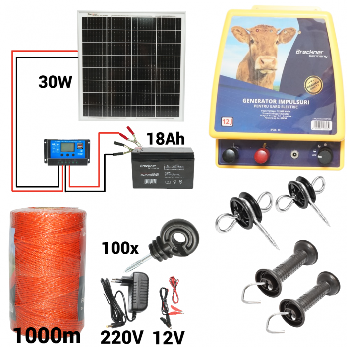 Kit pachet gard electric 12 Joule 12 220V panou baterie 18ah 1000m (BK87122-1000-30w-18ah) [1]