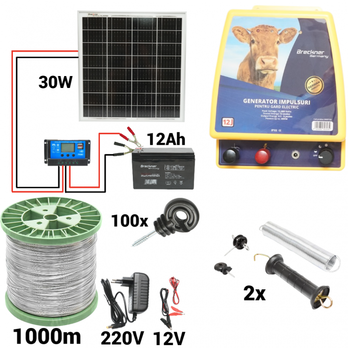 Kit pachet gard electric 12 Joule 12 220V panou baterie sarma 150 kg 0.12 ohm 1000m 100 izolatori (BK87122-1000S13-30W-12Ah) [1]