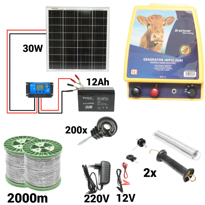 Kit pachet gard electric 12 Joule 12 220V panou baterie  sarma 150 kg 0.12 ohm 2000m 200 izolatori (BK87122-2000S13-30W-12Ah) [1]